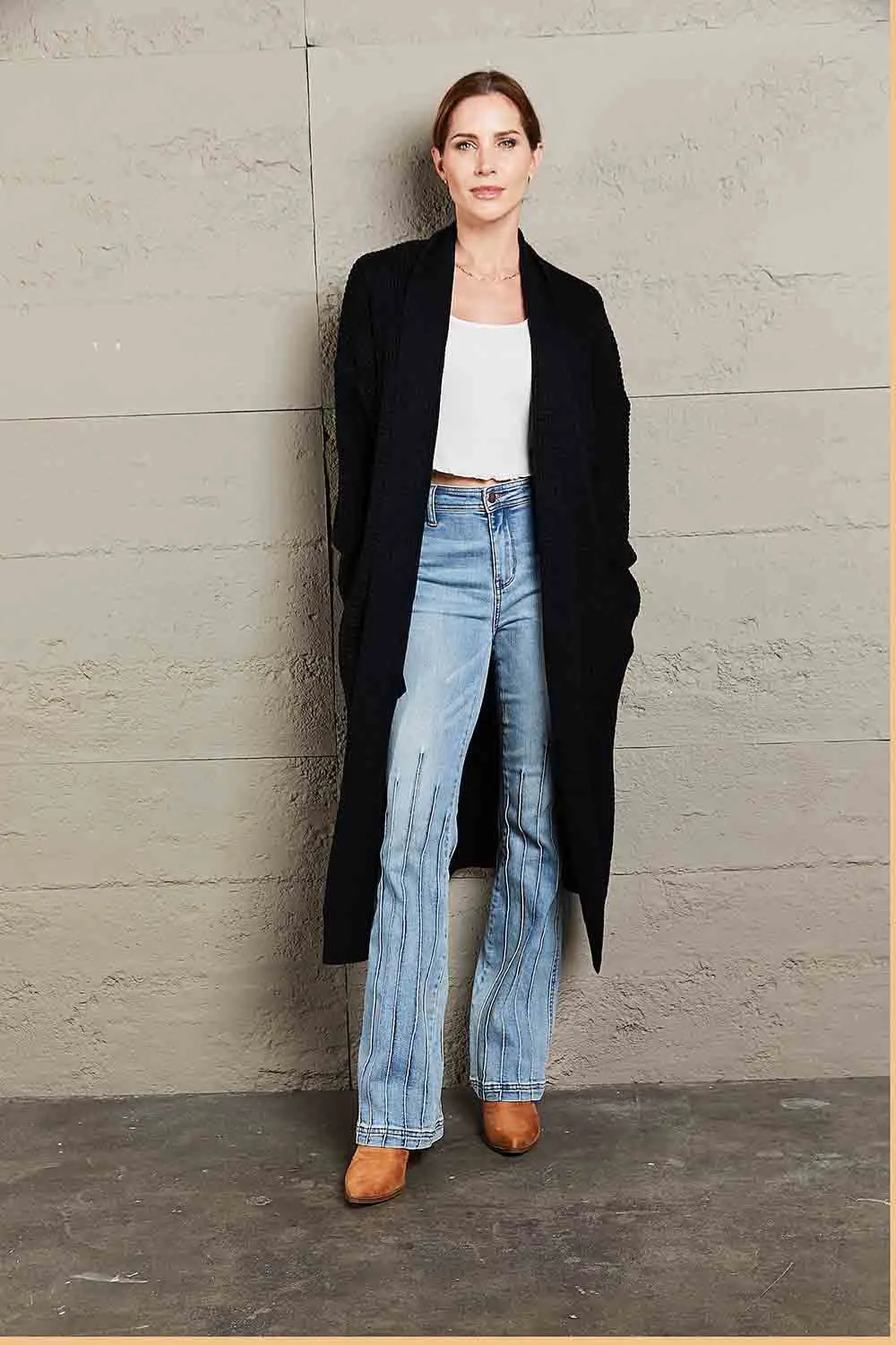 Maxct &Double Take Waffle Knit Open Front Duster Cardigan With Pockets