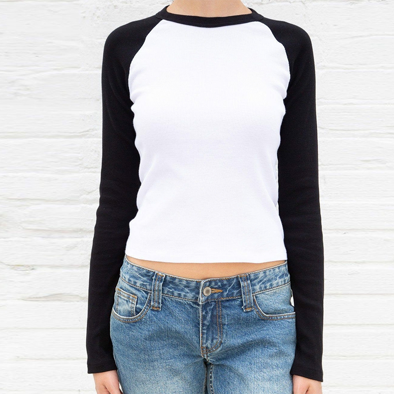 90s Vintage Grunge T-shirt Y2K Retro Cute Crop Top Autumn Contrast Patchwork Long Sleeve Slim Basic Sweats Tees Simple Clothes