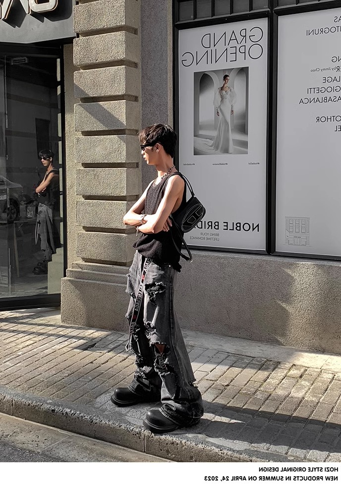 90s Streetwear Solid Color Simple Vertical Stripe Niche Retro Round Neck Vest Men's Summer New Casual All-match Sleeveless T-shirt