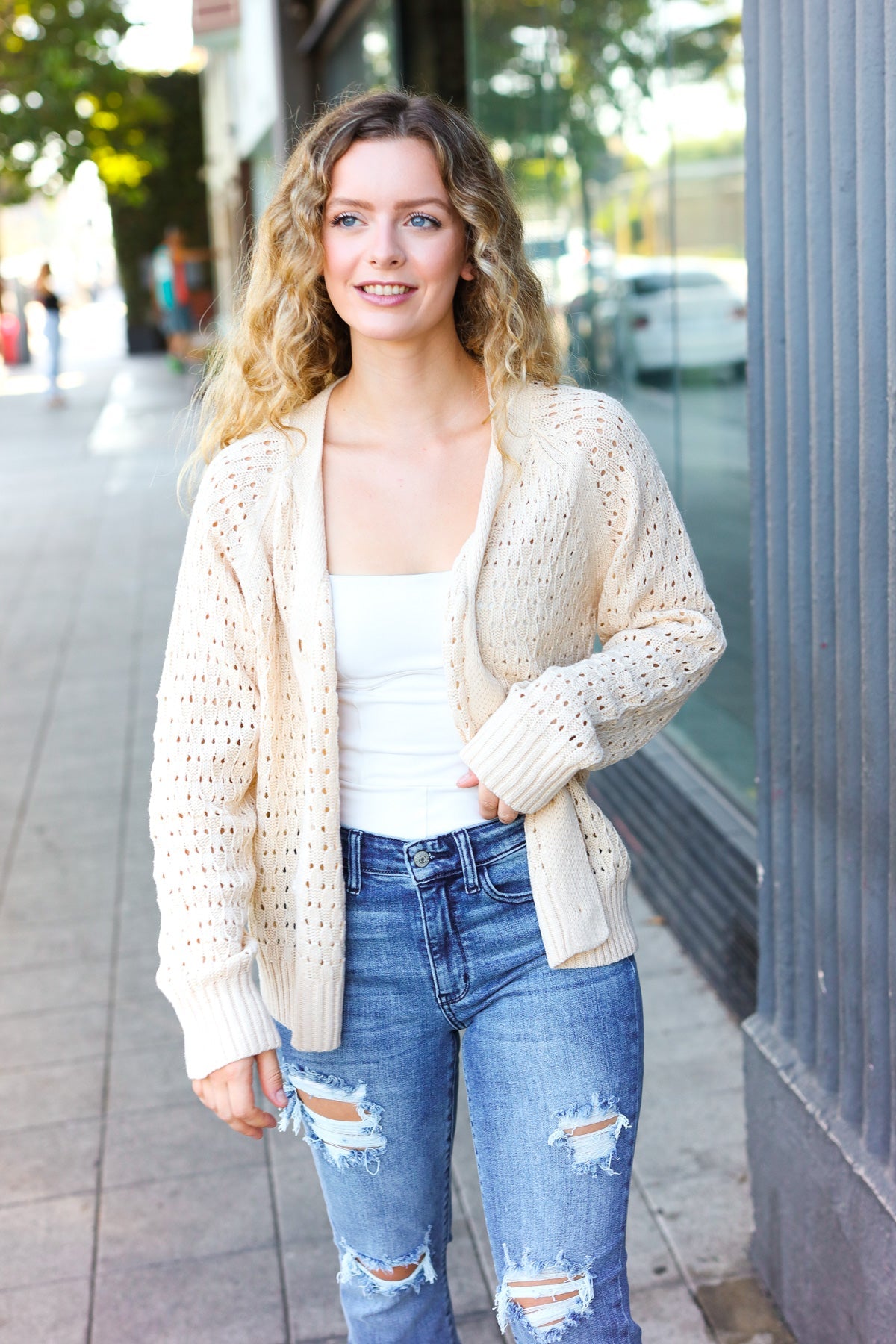 Maxct &Follow Me Oatmeal Pointelle Knit Button Down Cardigan