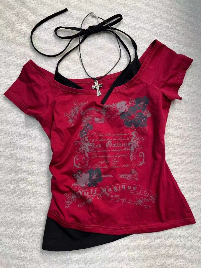 Maxct American Black Fake Two-piece Halter Neck Letter Print T-shirt Fashion Street Hot Girl Sexy Slim Off Shoulder Millennium Y2K Top