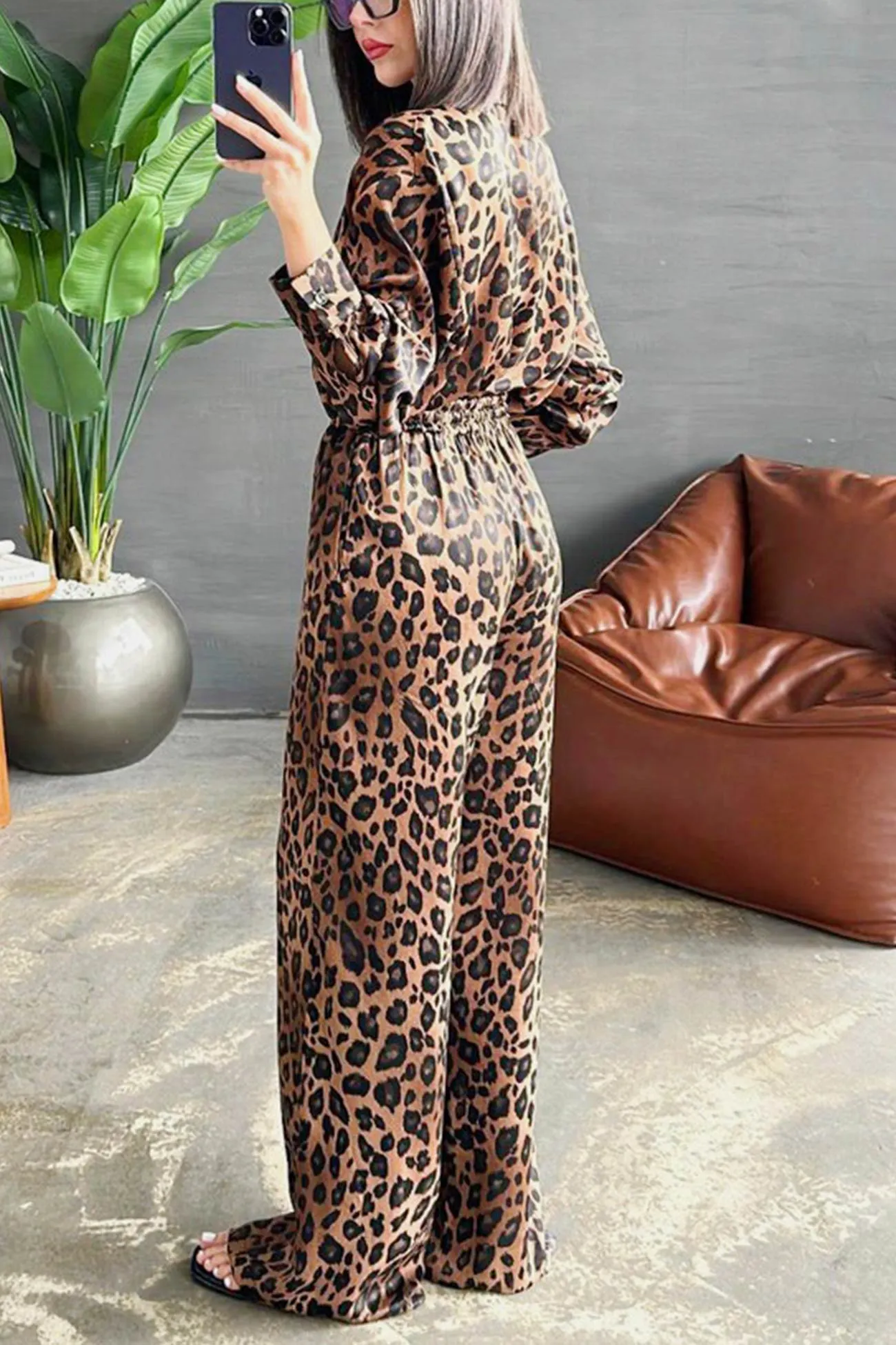 Maxct Leopard Print Long Sleeve Blouse Set