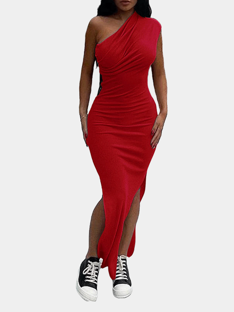 One Shoulder Ruched Bodycon Maxi Dress Maxct