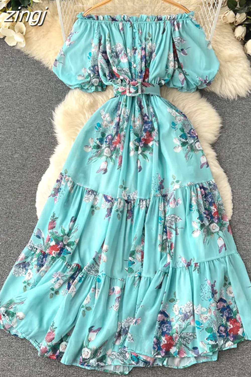 Maxct Bohemian Floral Chiffon Long Dress Women Sexy Off Shoulder Ruffle Puff Short Sleeve High Waist A-Line Big Swing Vestidos