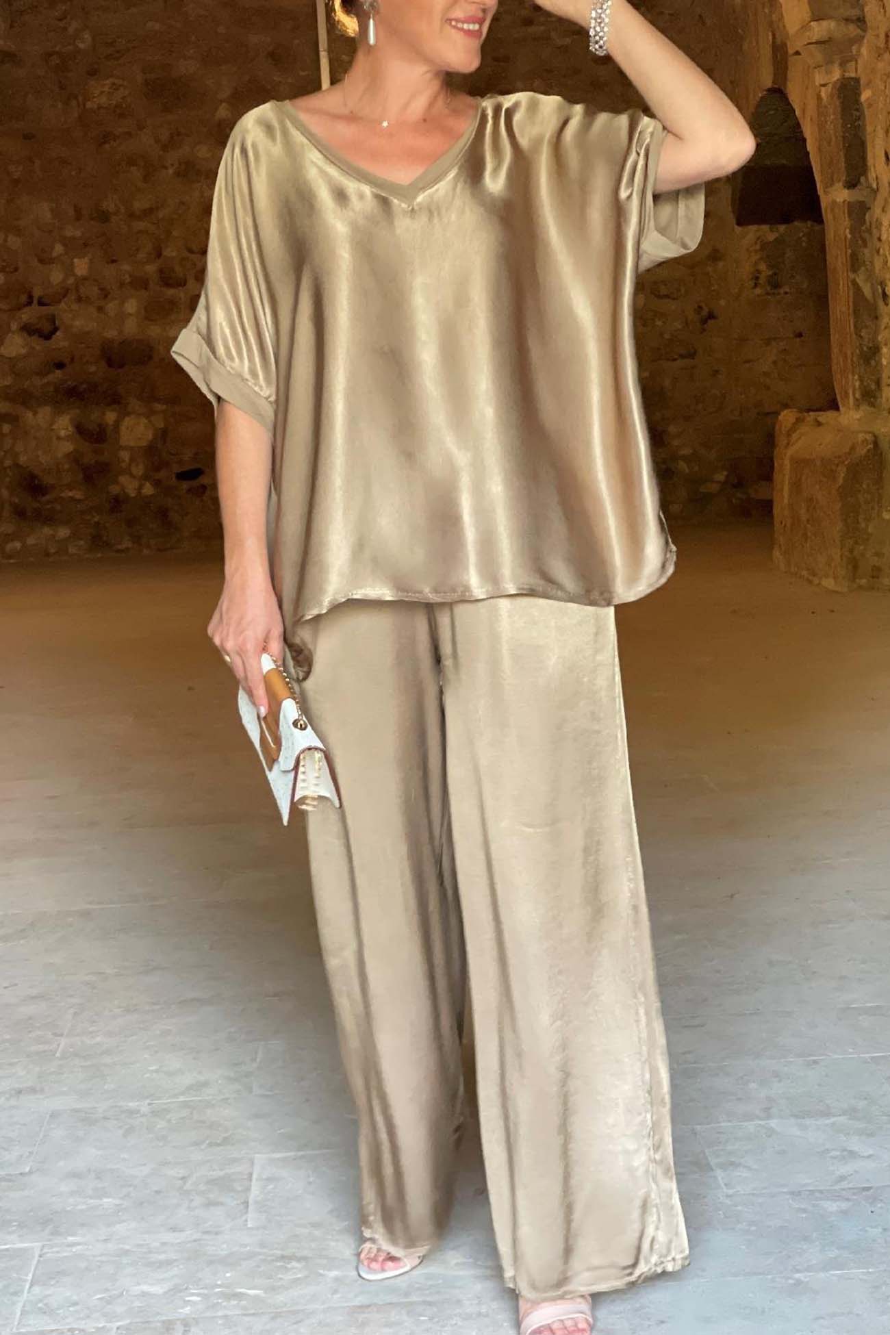 Maxct Satin V Neck Half Sleeve Long Pant Set