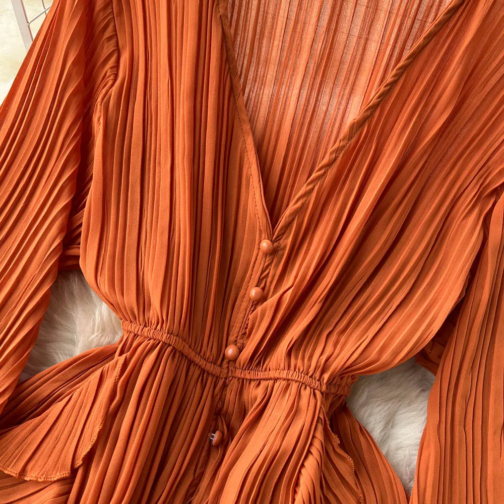 Chiffon Pleated Long Dress Women Vintage V-Neck Flare Sleeve Draped Ruffle Vestido Female Maxi Robe Spring Fall 1215-1