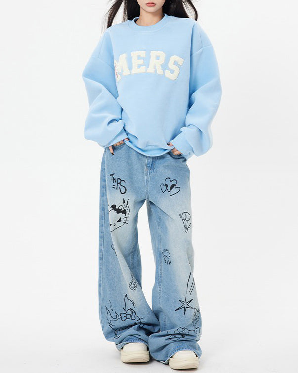 Grunge Aesthetic Cat Jeans in Blue Maxct