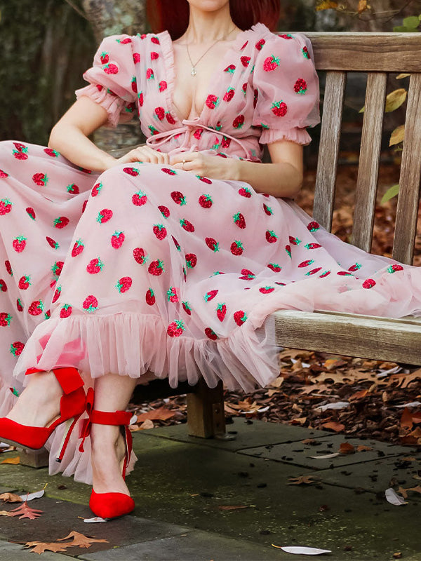 Sequined Strawberry Mesh Pleated Maxi Dress Maxct