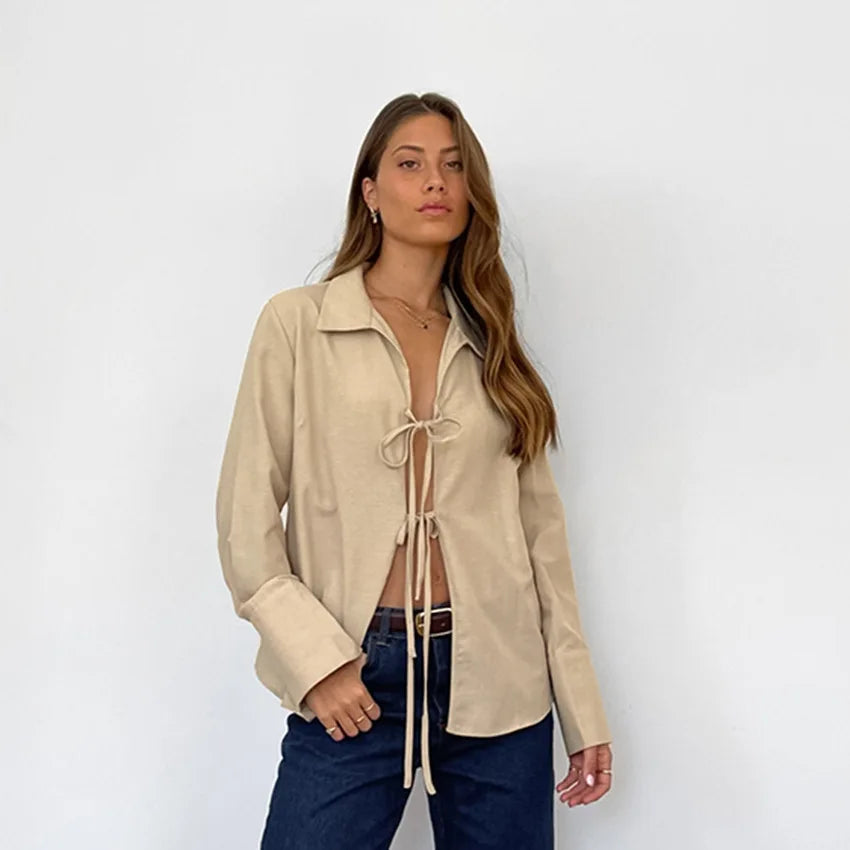 Maxct Hollow Out Lace Up White Cotton Linen Shirt Women's Long Sleeve Loose Casual Sexy Lapel Cardigan Top Female Summer new
