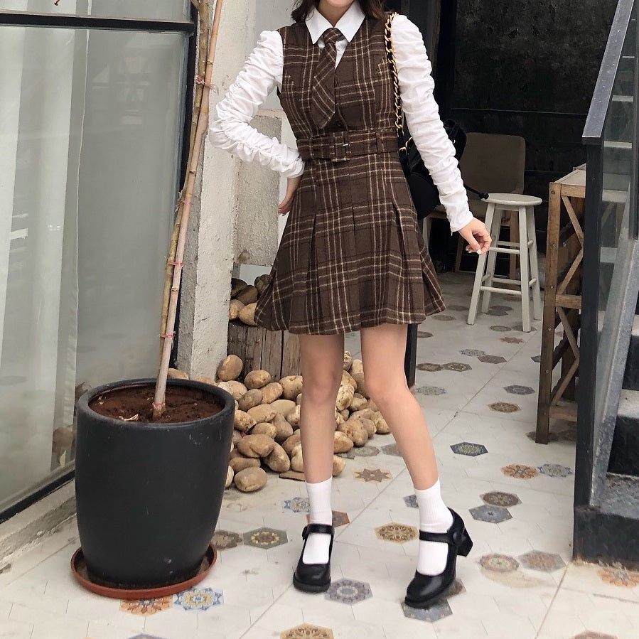 Coffee Plaid Pinafore Dress / Blouse Maxct