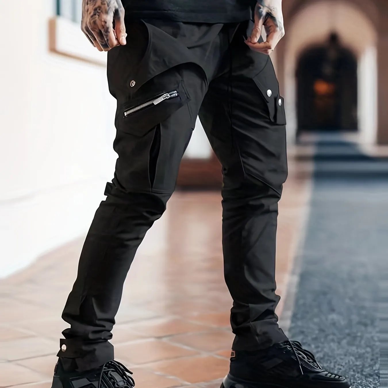 Maxct  Men's Drawstring Cargo Pants, Zip Pocket Slim Fit Trendy Outdoor Pants, Mens Work Pants, Tactical Pants
