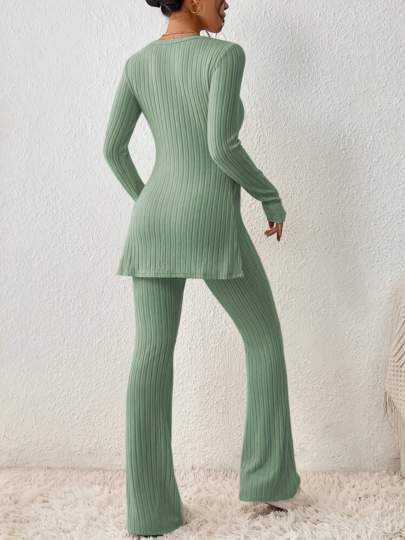Solid Textured Two-piece Set, Long Sleeve Slit Long Length Top & Skinny Pants Outfits, Women's Clothing