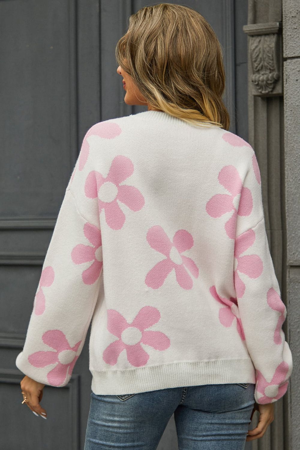 Maxct &Floral Print Round Neck Dropped Shoulder Pullover Sweater