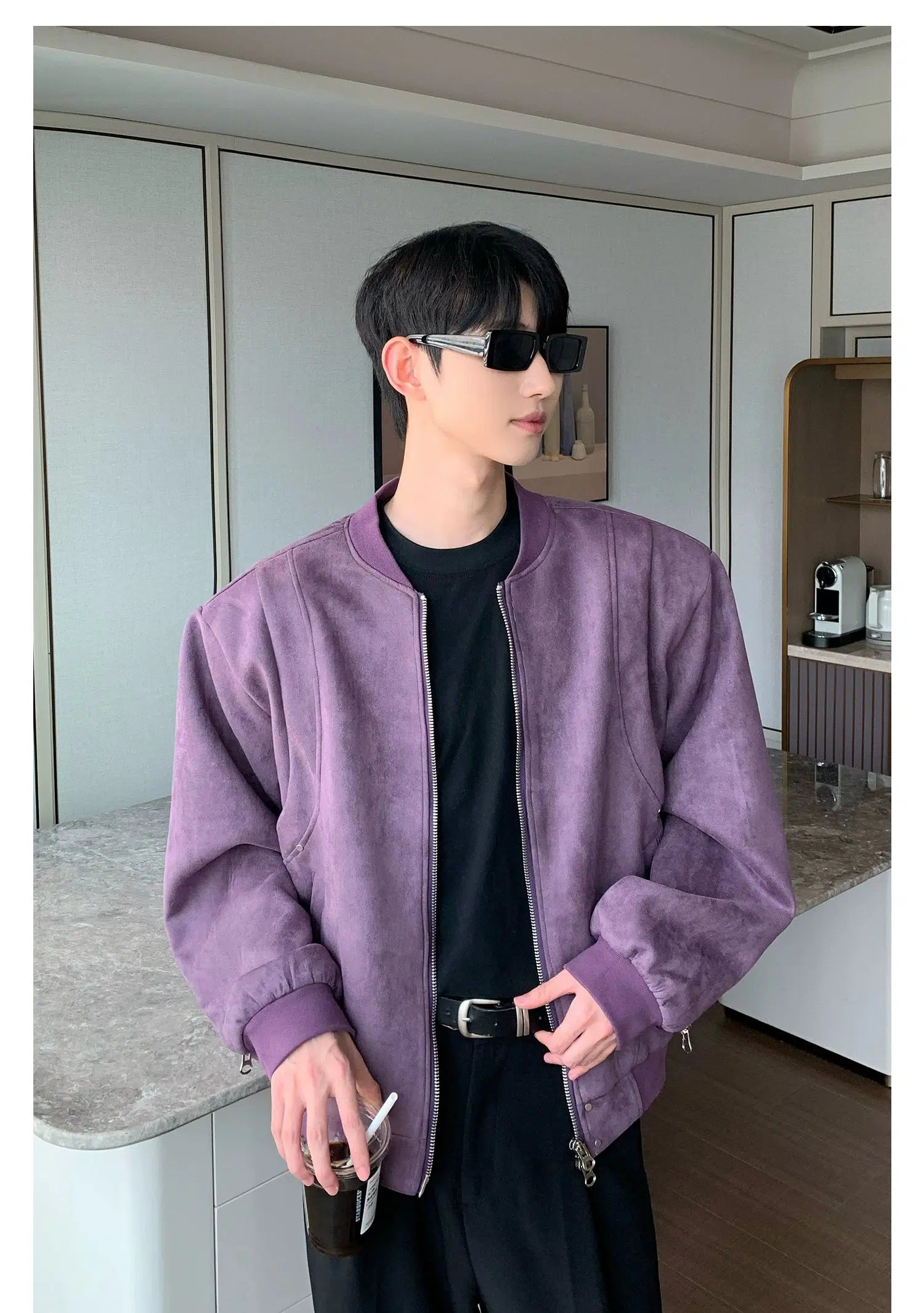 Maxct Zipper Velvet Suede Baseball Jacket