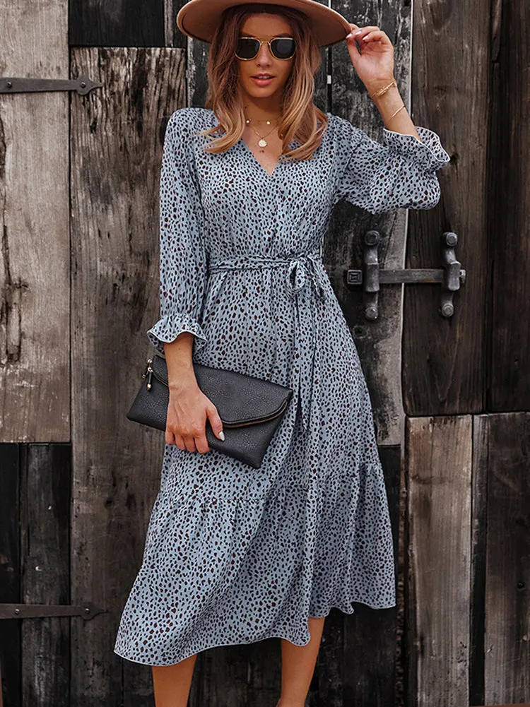 V Neck Boho Ruffle Flowy Midi Dress Maxct