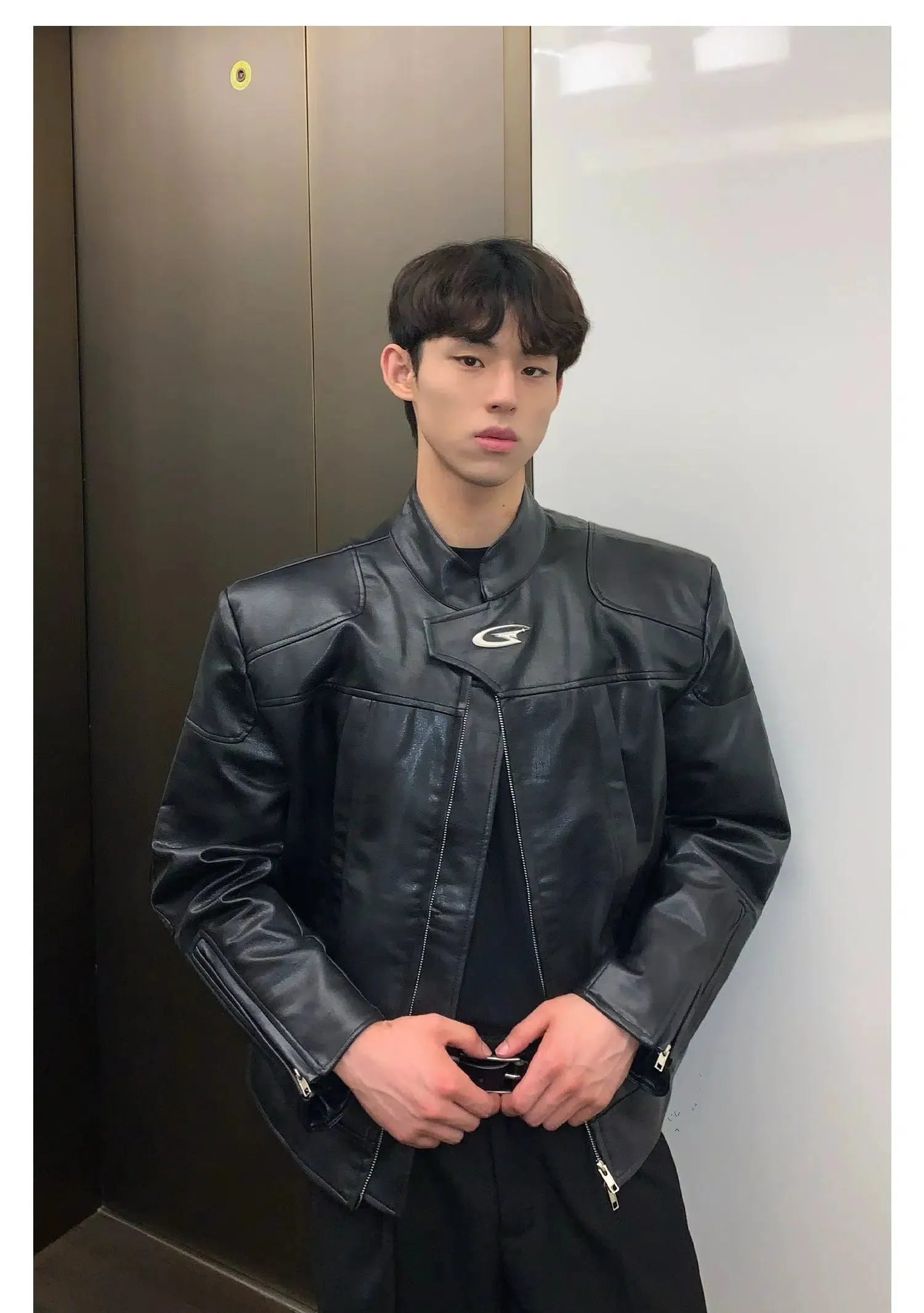 Maxct Stand Collar Leather Jacket with Shoulder Pads