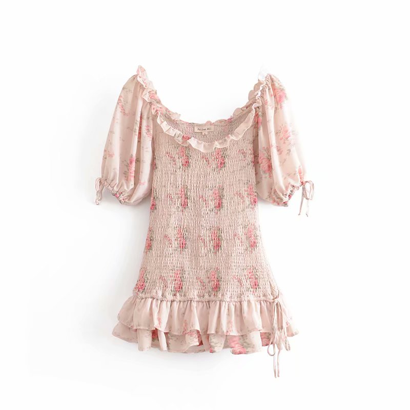 Maxct Boho loveshackfancy autumn dress beige short sleeve ruffles slim holiday ins bloggers special interest mini dress women