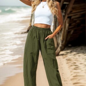 Cotton Linen Solid Color Elastic Wasit Pocket Harem Pants