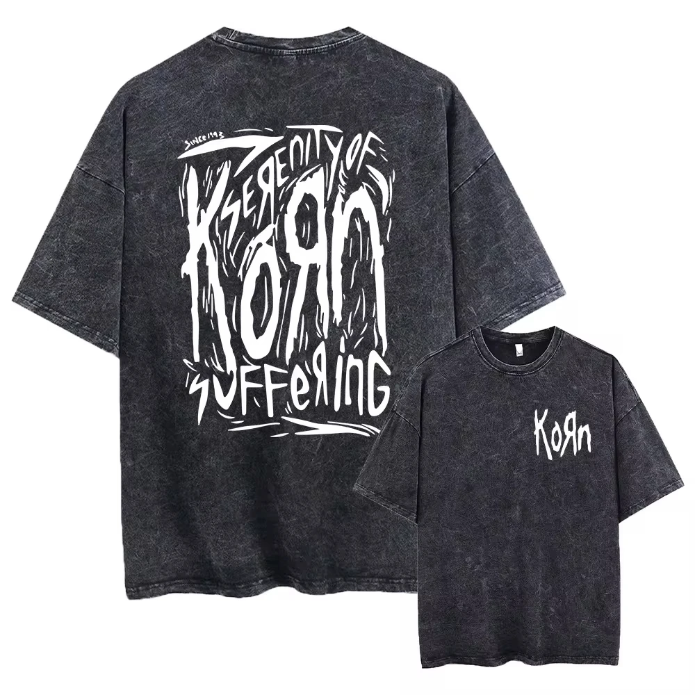 Maxct Washed Vintage Rock Band Korn Falling Away From Me Tshirt Skeleton Print T-shirts Men Fashion Gothic T Shirt Male Oversized Tees