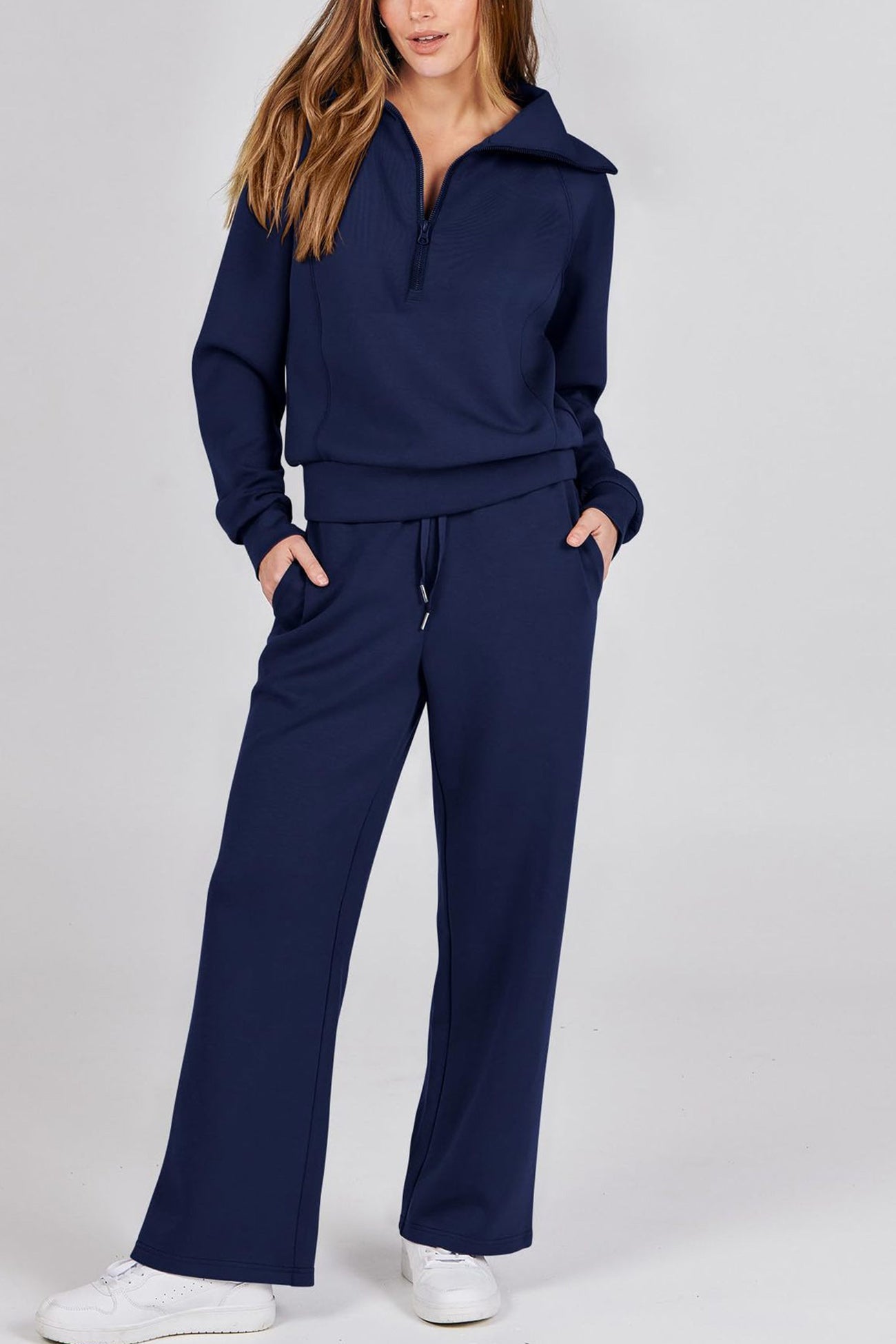 Maxct Lapel Zip-up Sweatshirt Wide Leg Long Pants Set