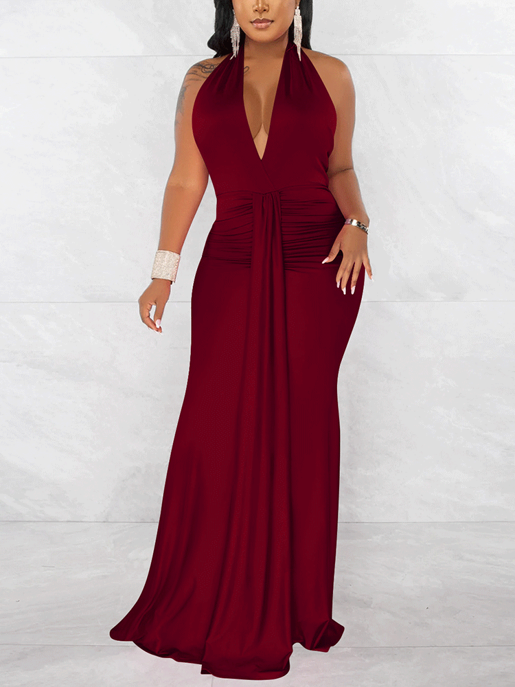 Halter Ruched Maxi Dress Maxct