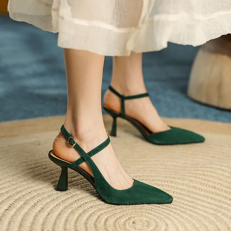 Suede Point Toe 60mm Kitty Heel Sandals Slingback Pumps Maxct