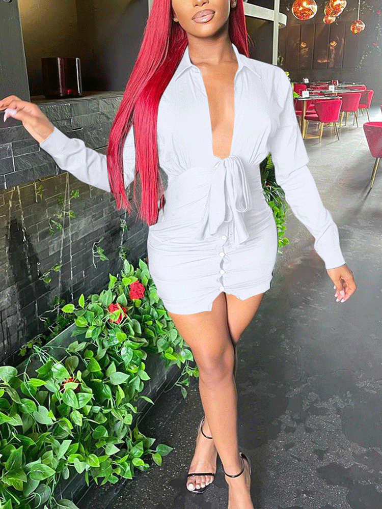 Deep V-neck Front Tie Mini Dress Maxct