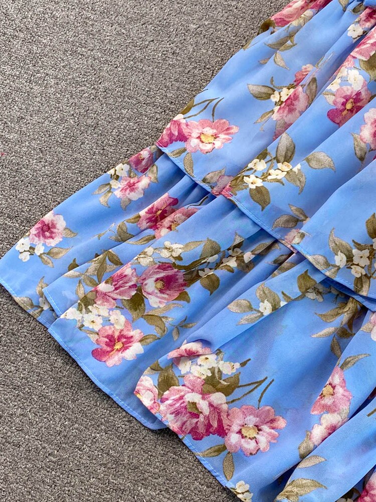 Vintage Floral Chiffon Long Dress Elegant O-Neck Puff Sleeve High Waist A-Line Ruffle Hem Vacation Beach Maxi Vestidos