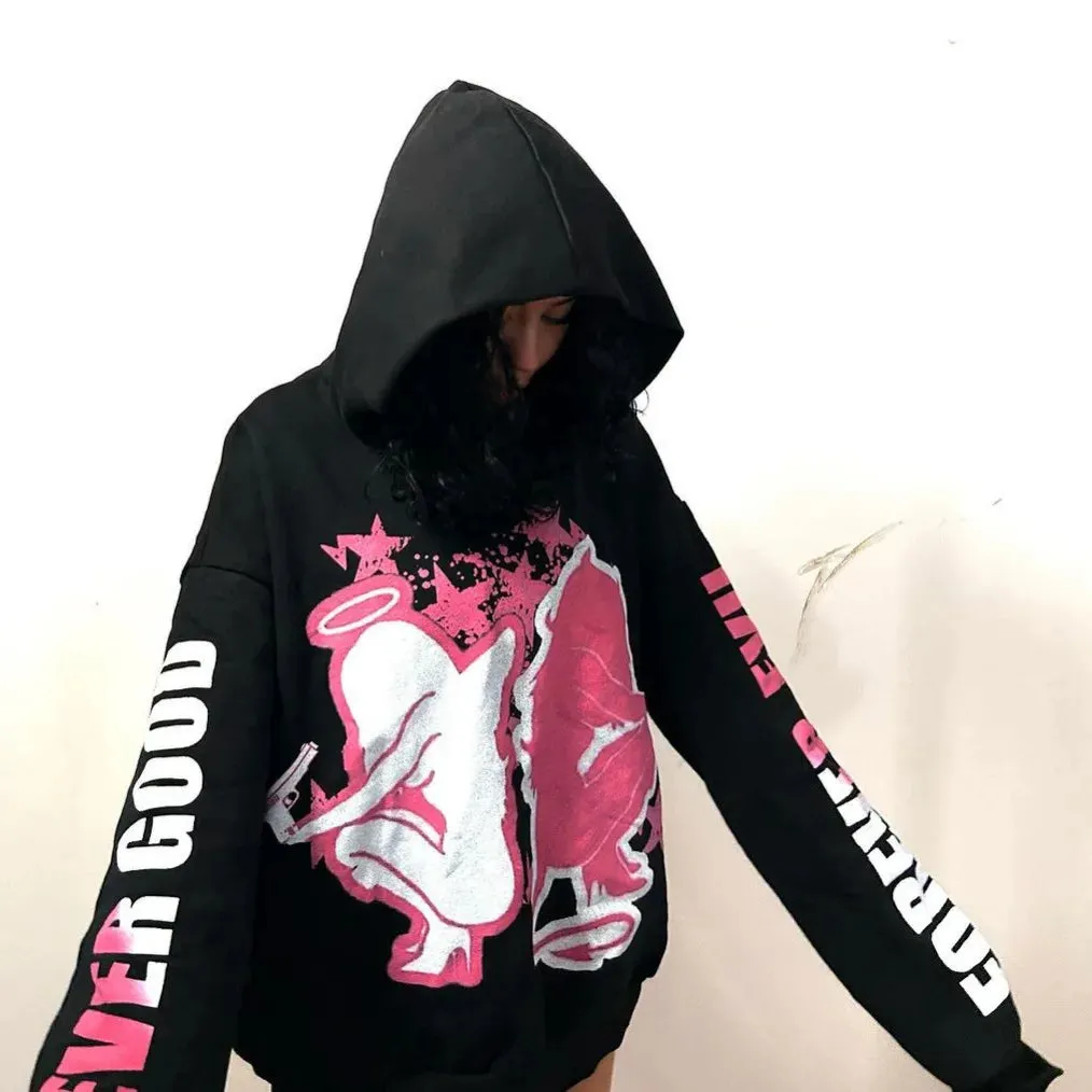 Maxct Y2k Long Sleeved Pullover Hoodie Sweatshirt Dark High Street Oversized Streetwear Hip-Hop Punk Print Pattern Top Clothing Jacket