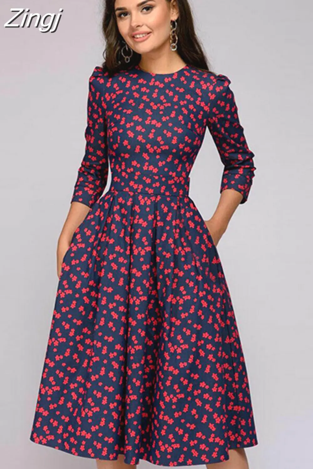 Maxct pleated tunic print dress women Elegant ladies A line dresses Long sleeve female autumn mixi party dress vestidos