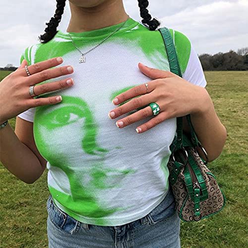 90s Vintage Portrait Graphic Print T-shirt Harajuku Crop Top Y2K Aesthetic Summer Slim Fit Tees Tops Women Streetwear Gothic