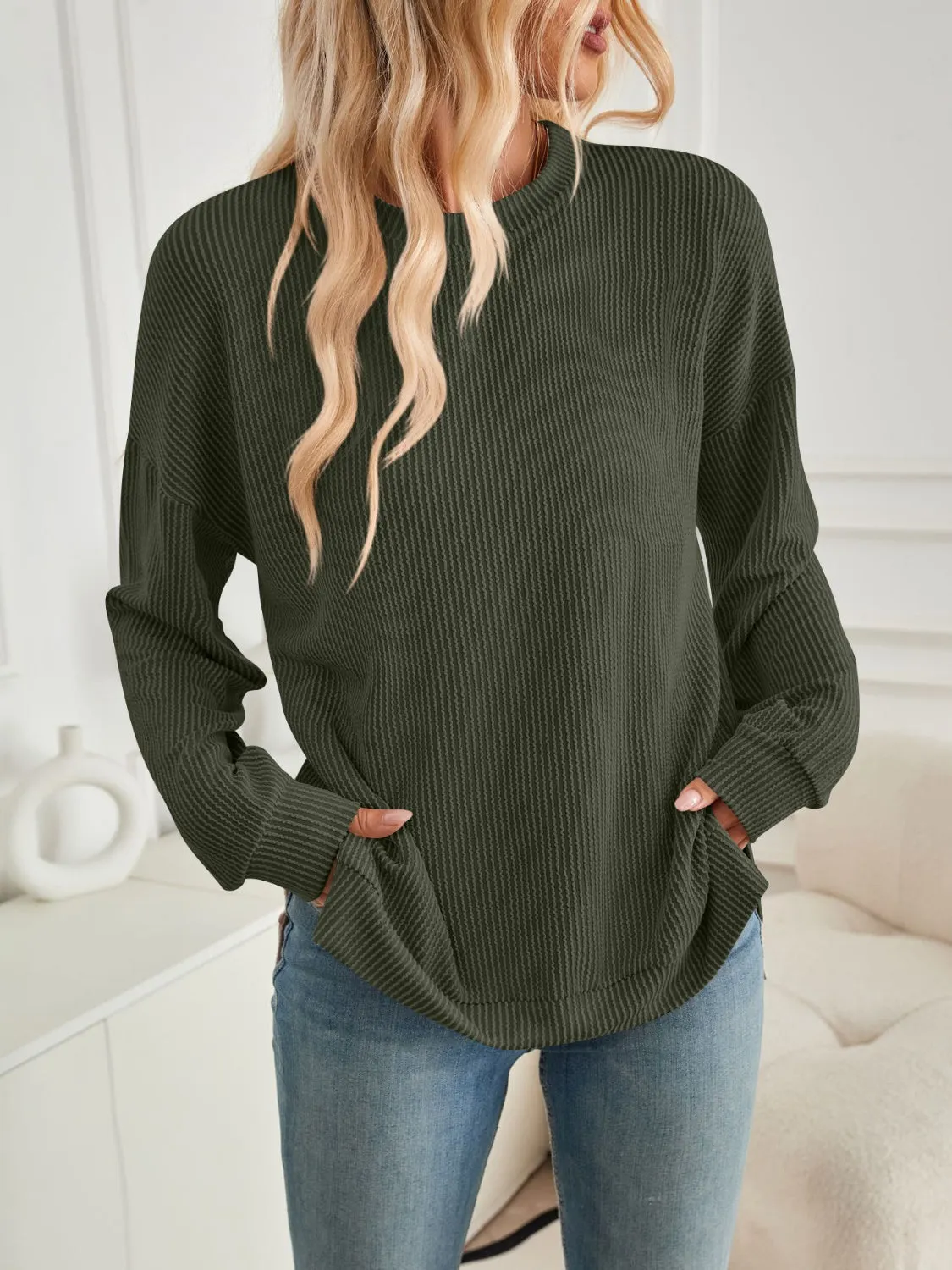 Maxct &Slit Round Neck Long Sleeve Sweatshirt