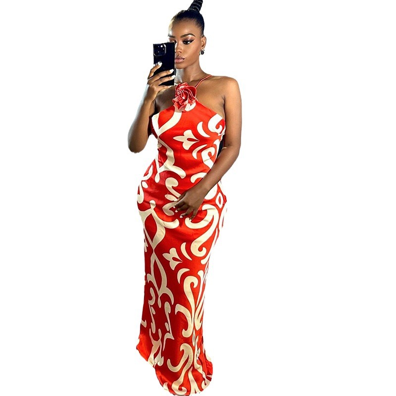 Maxct Fashionable Printed Sexy Sleeveless Halter Three-Dimensional Flower Decoration Sheath Dress Trendy Women