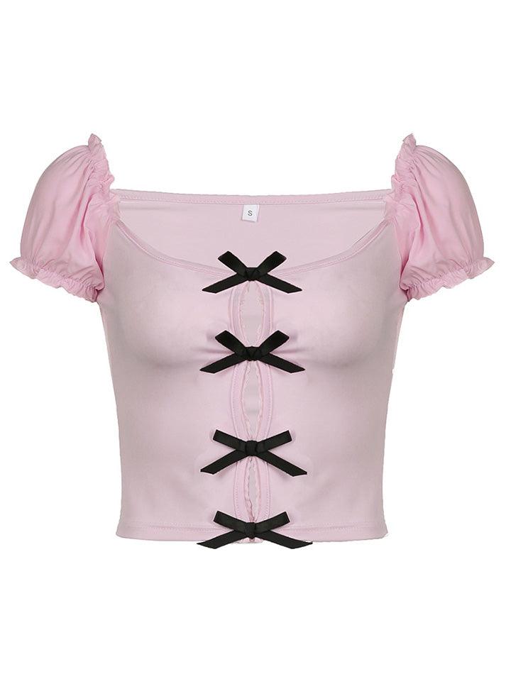Maxct Cute Bowknot Decor Hollow Out Shirts