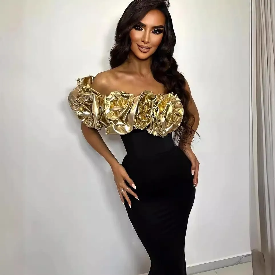 Maxct Cross Border Women Bandage Dress Evening Dress Golden Flower Slant Shoulder Dress High Purple Banquet Bandage Dress