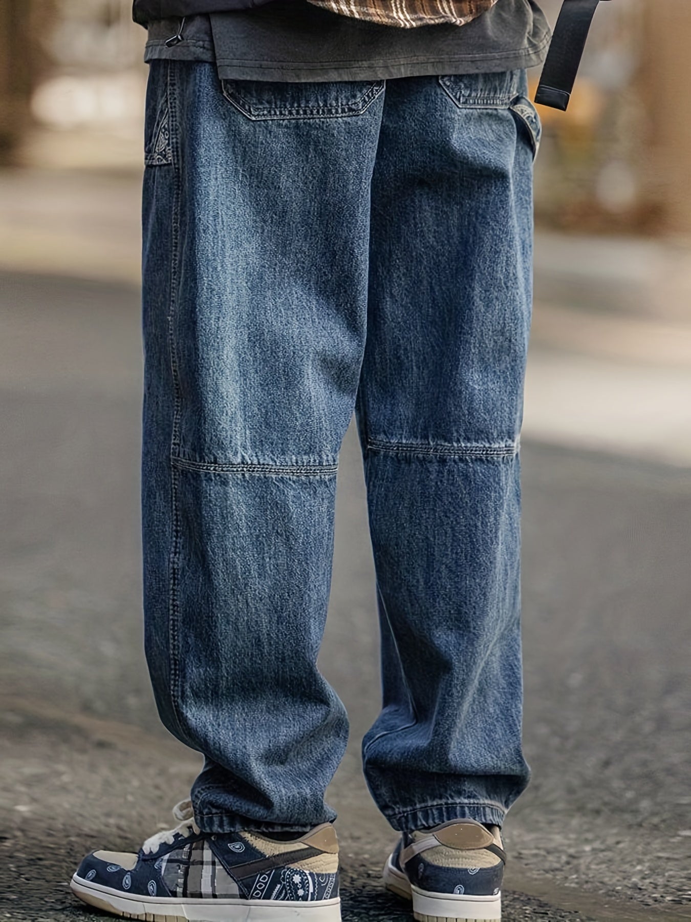 Maxct Wide Leg Cotton Jeans, Men's Casual Street Style Patchwork Denim Pants For Spring Summer