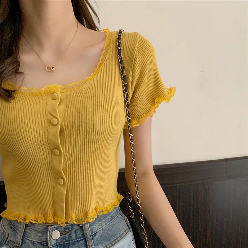 Maxct Women Patched Lace O-Neck Knitted Short Sleeve Thin Sweaters Cardigans Lady Single-breasted Buttons Sweater Crop Tops Female