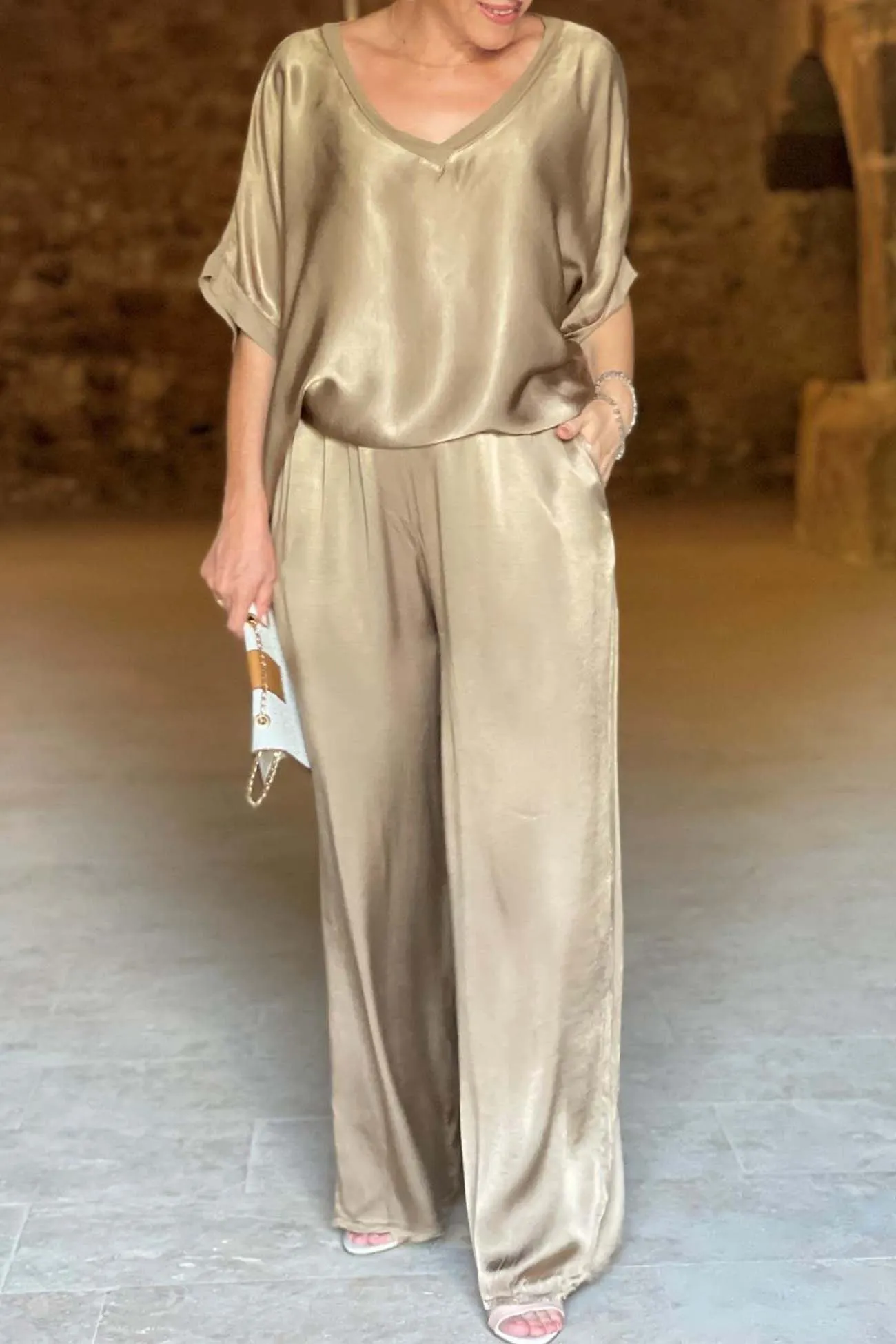 Maxct Satin V Neck Half Sleeve Long Pant Set