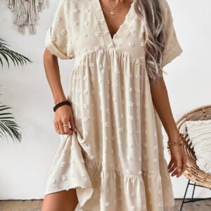 Casual V-Neck Solid Color Loose Roll-Up Sleeve Ruffled Dress