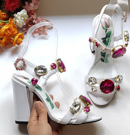 White Fish Mouth Gemstone Thick Heel Sandals Maxct