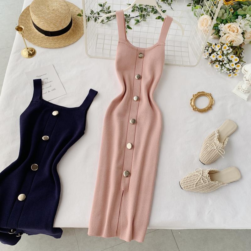 Summer Pink/Red/White/Black Women Knitted Dress Vintage High Waist Button Single-breasted Slim Casual Dress For Female New