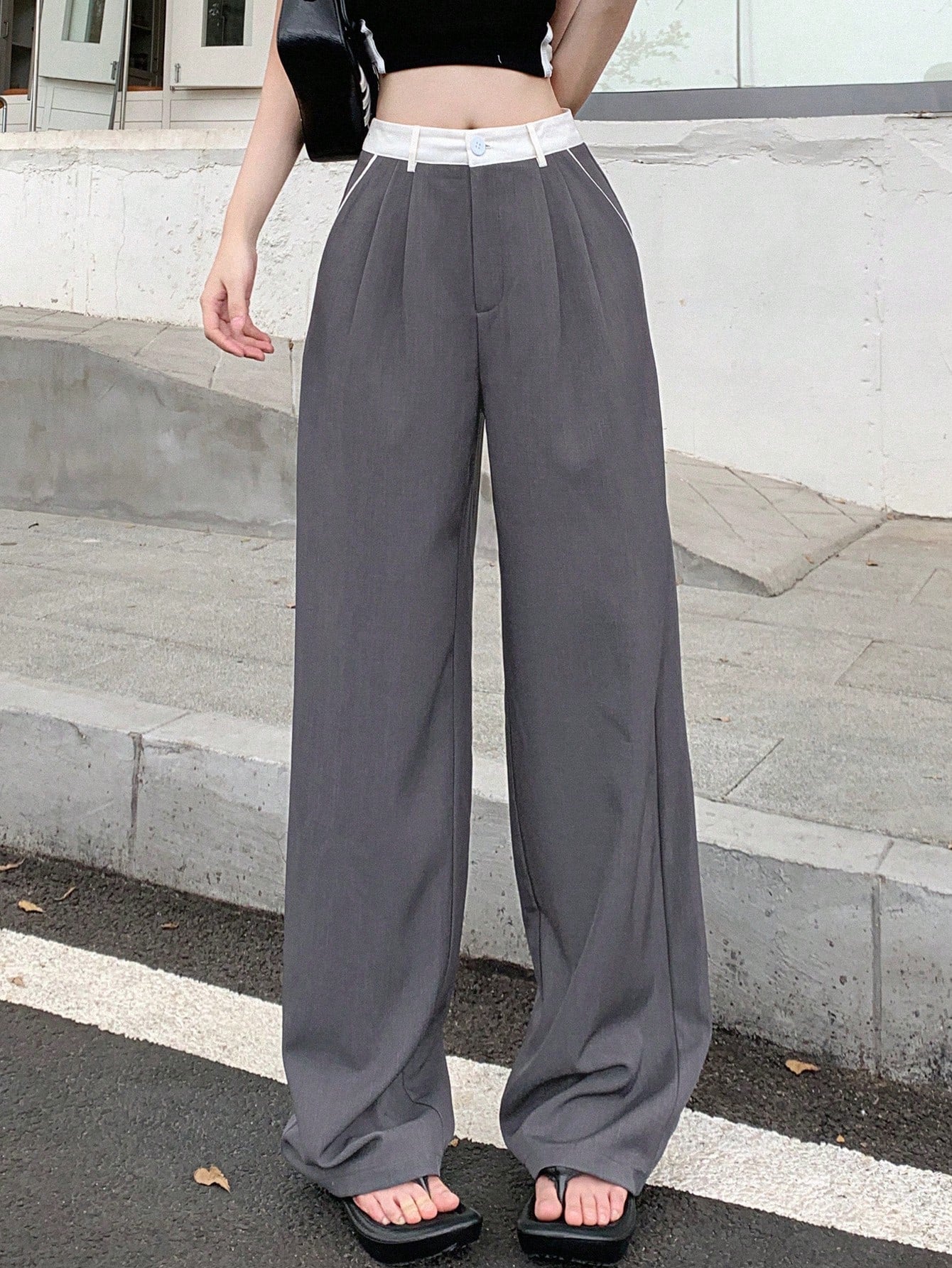 Maxct Women Colorblock Pleated Wide Leg Casual Suit Pants With Pockets - Image 7