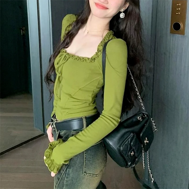 Maxct Square Neck Pleated Sexy Tops Casual Autumn Slim Long Sleeved T-shirt for Women's Ins Fashion Crop Top