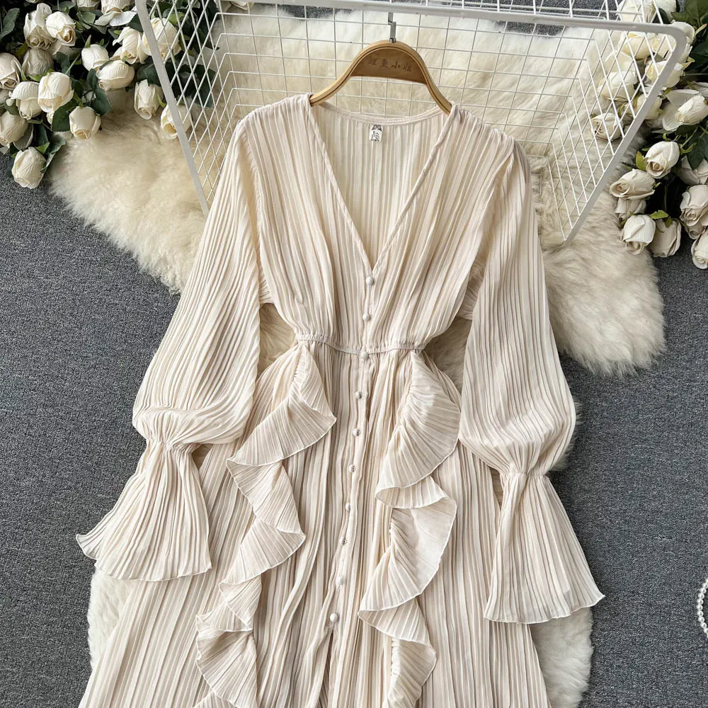 Chiffon Pleated Long Dress Women Vintage V-Neck Flare Sleeve Draped Ruffle Vestido Female Maxi Robe Spring Fall 1215-1