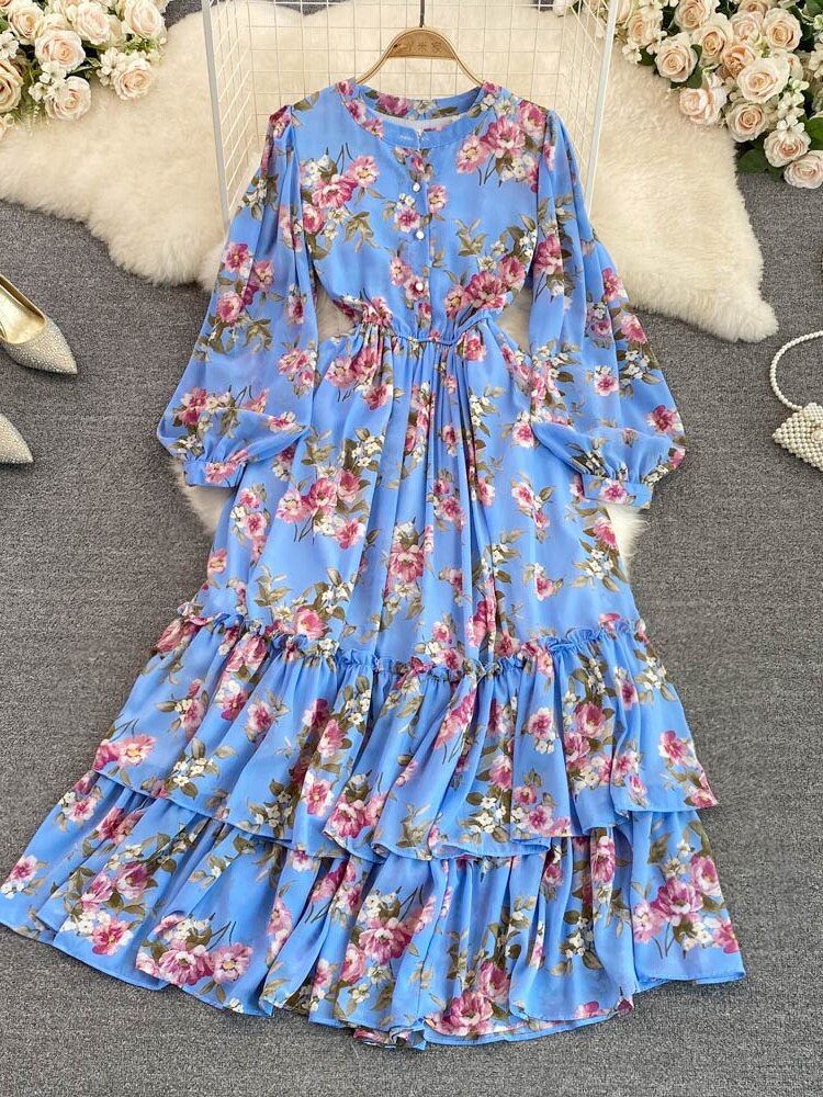 Vintage Floral Chiffon Long Dress Elegant O-Neck Puff Sleeve High Waist A-Line Ruffle Hem Vacation Beach Maxi Vestidos