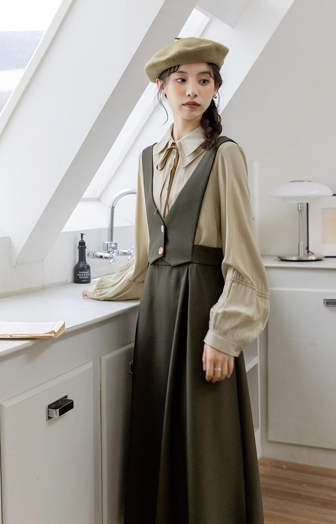 Basic Woven Vest Pinafore Dress / Blouse Maxct