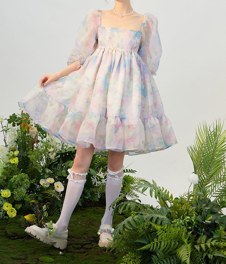 Watercolor Floral Puff Dress Maxct