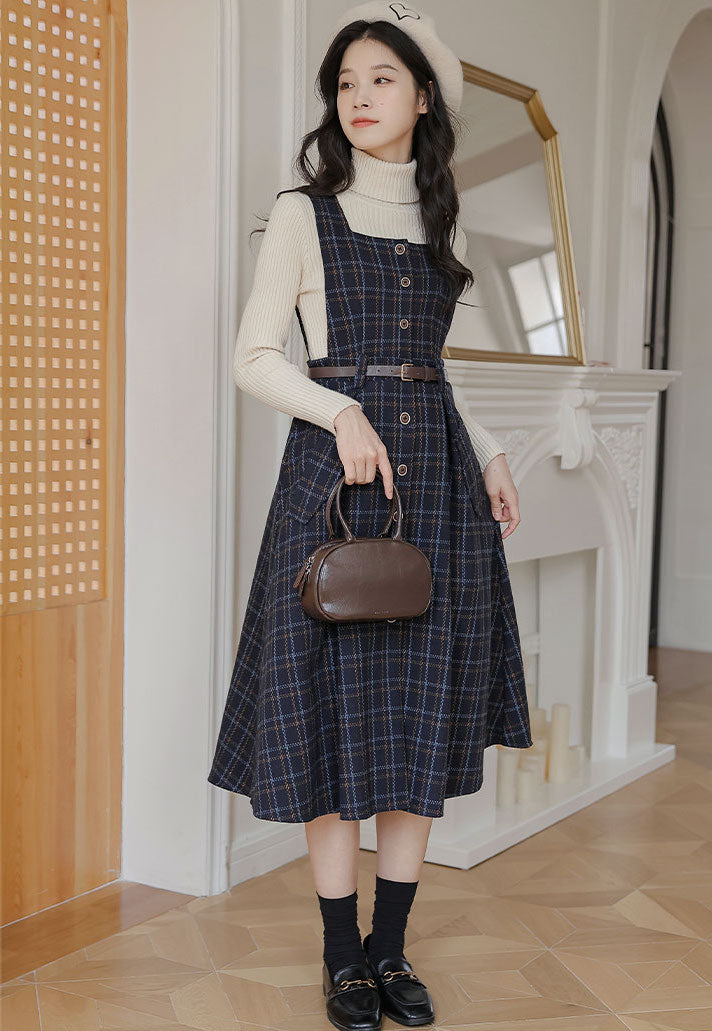 Button Up Plaid Pinafore Dress Maxct