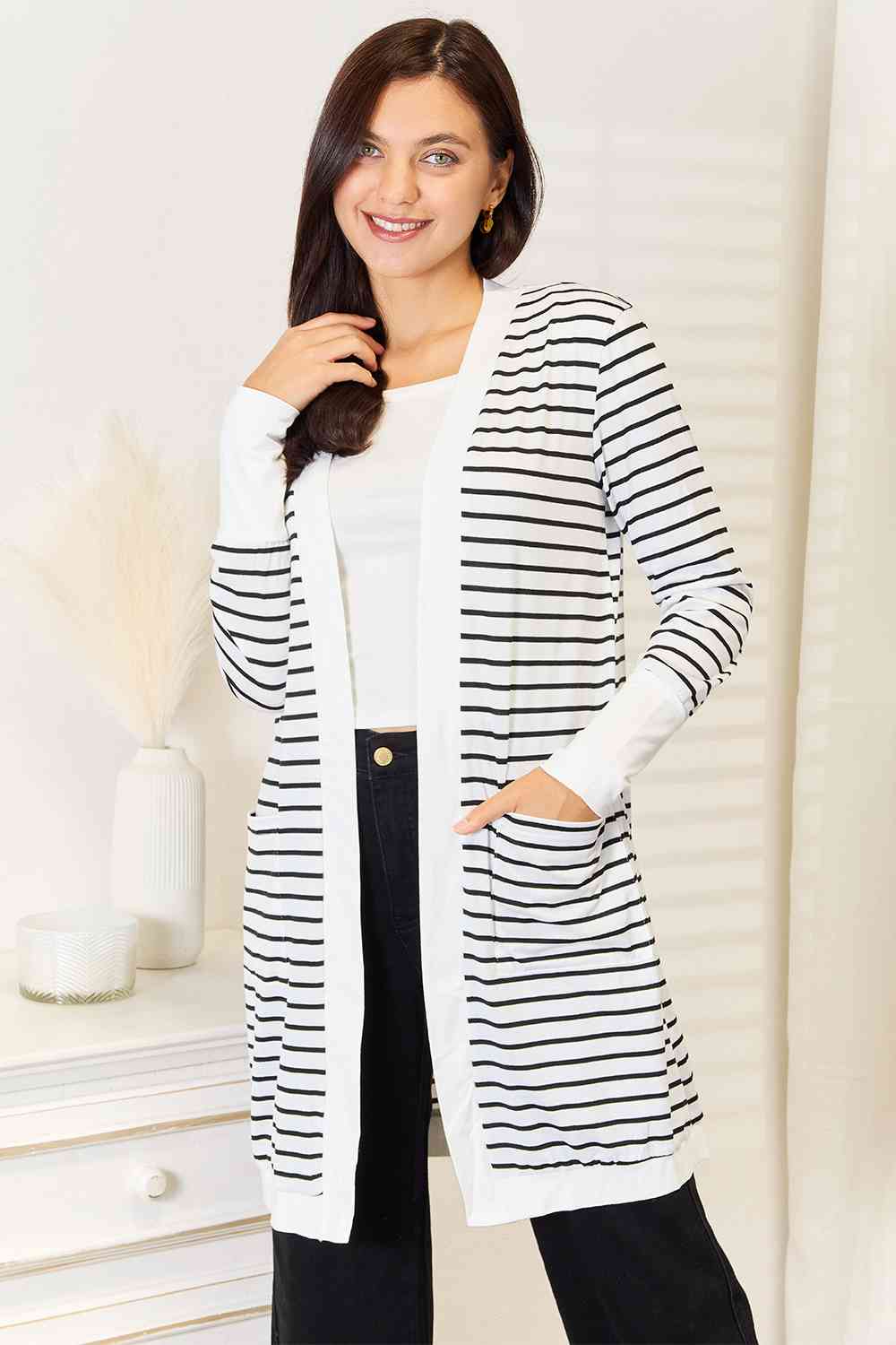 Maxct &Double Take Striped Open Front Longline Cardigan