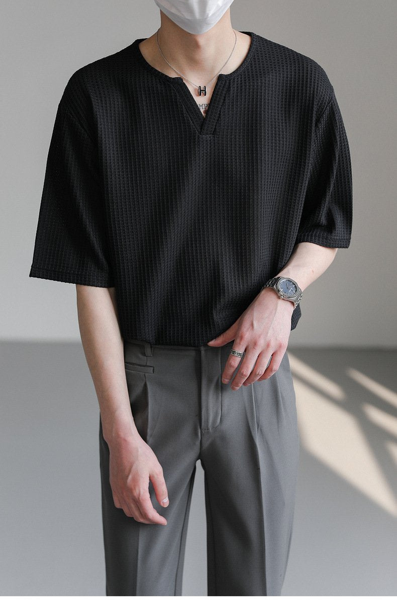 Maxct 90s Streetwear Summer New Korean Style Loose Small V-neck Short-sleeved T-shirt Men's Fashion Brand Wafflet High-end Sense Half-sleeved T-shirt Top